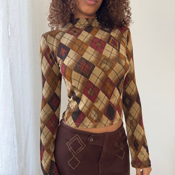 Vintage Euro shimmer argyle mesh-knit fitted long sleeve top (Small) - Picture 5 of 6